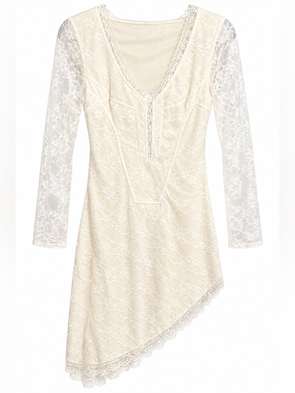 Vintage Lace Fairy Core Coquette Asymmetrical V-Neck Dress - Cream,M
